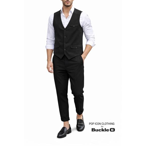 POP ICON CLOTHING Other - Pop Icon Clothing Black Pinstripe Vest Mens Plaid‎ Lined V-Neck Button Front xl